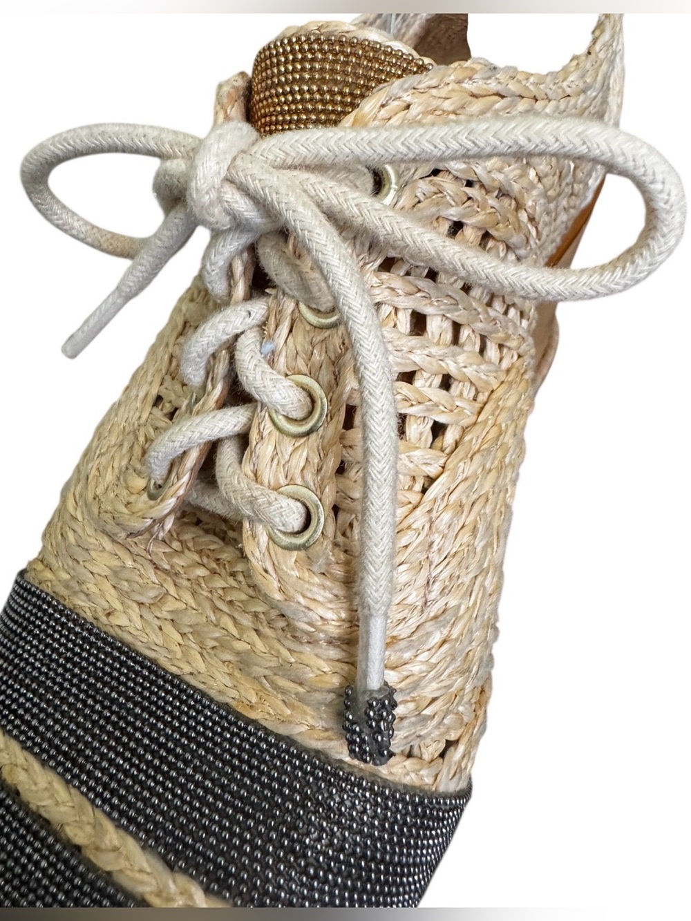 SCHUTZ size 6.5 RARE raffia metal platform lace up espadrilles Oxford shoes - Picture 5 of 11